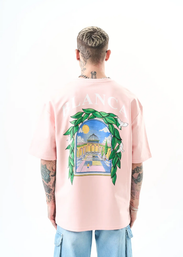 T-shirt oversize homme imprimé arcade végétale – style artistique 1581 – Rose Pâle