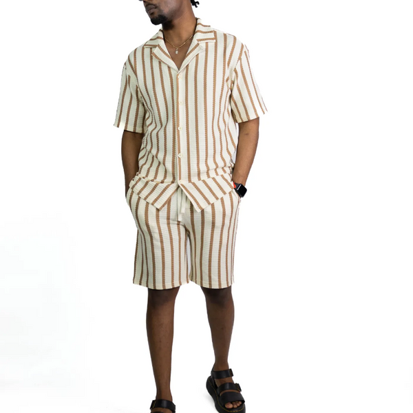 Ensemble chemise et short homme rayé Marrakech JK906 – Marron Ecru