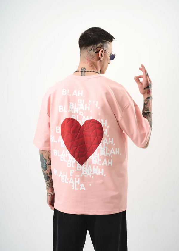 T-shirt oversize homme Hallstarz – BlaBla cœur brodé 3D – Rose