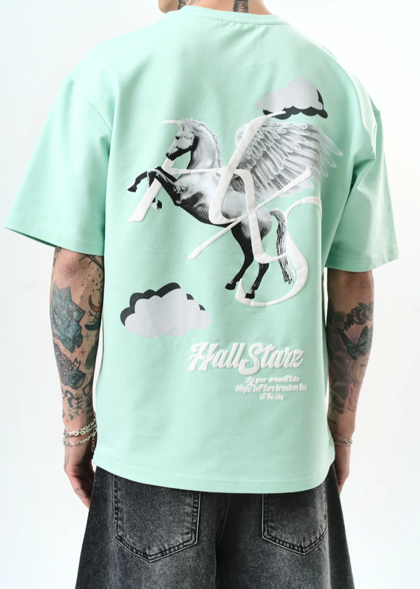 T-shirt oversize homme Hallstarz – Licorne ailée et nuages Maka – Vert Menthe