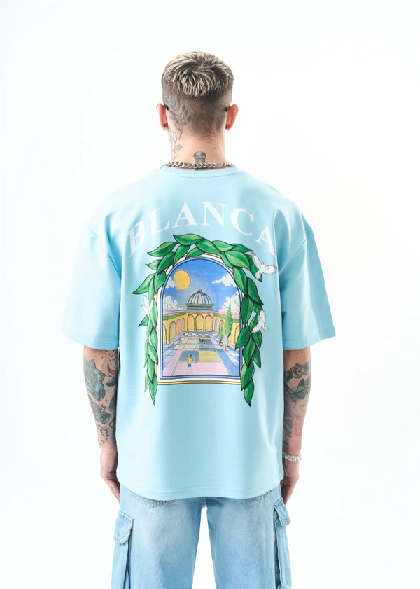 T-shirt Hallstarz oversize homme imprimé arcade végétale – style artistique 1581 – Bleu Ciel