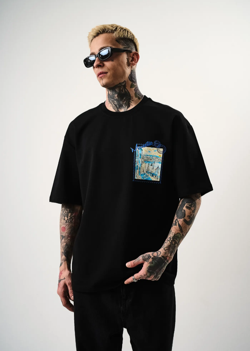 Tshirt oversize homme imprimé Marseille Noir