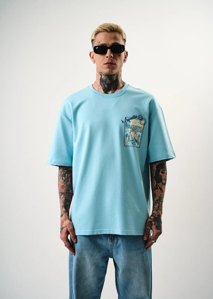 Tshirt oversize homme imprimé Marseille Bleu Ciel