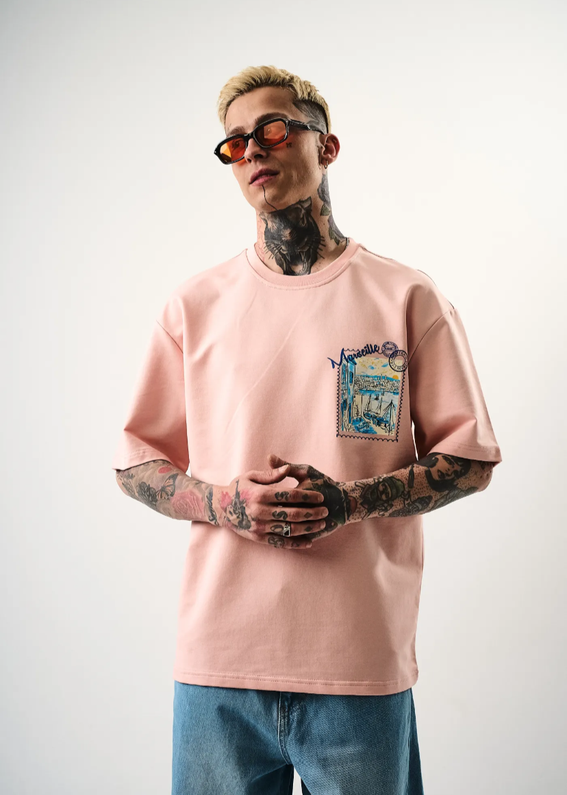 Tshirt oversize homme imprimé marseille rose