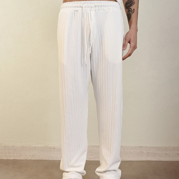 Pantalon homme fluide blanc cassé côtelé – taille élastique avec cordon Marrakech 2079 – Ecru