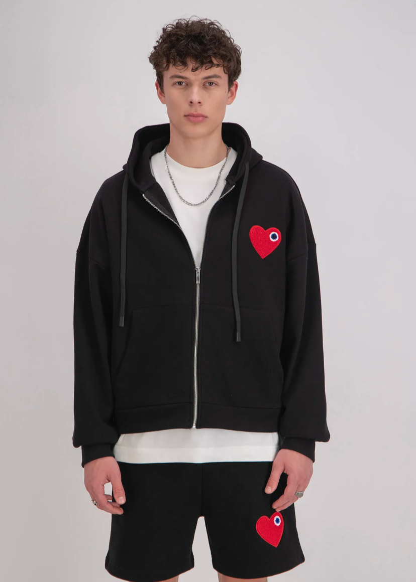 Sweat à Capuche Coeur Zippé Oversize ADJ Noir