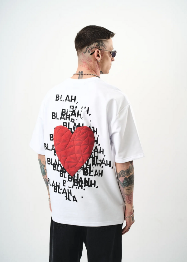 T-shirt oversize homme Hallstarz – BlaBla cœur brodé 3D – Blanc