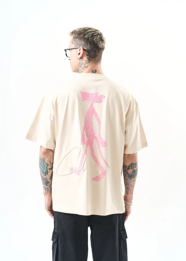 T-shirt oversize Hallstarz « Miss Cool » – imprimé panthere rose Kenya – Ecru
