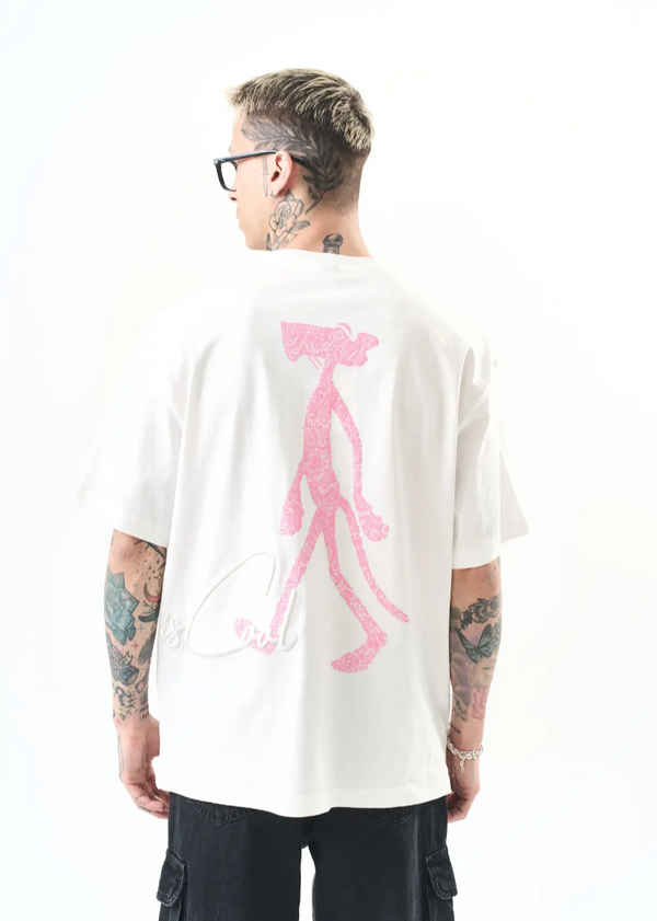 T-shirt oversize Hallstarz « Miss Cool » – imprimé panthere rose Kenya – Blanc