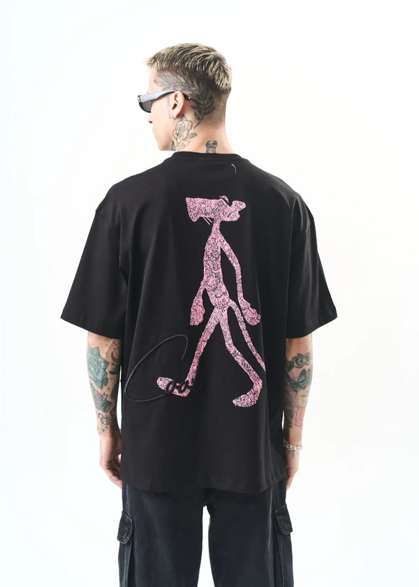 T-shirt oversize Hallstarz « Miss Cool » – imprimé panthere rose Kenya – Noir