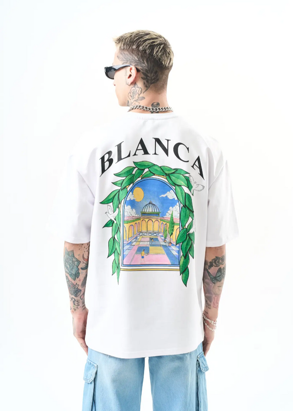 T-shirt Blanca oversize homme imprimé arcade végétale – style artistique 1581 – Blanc