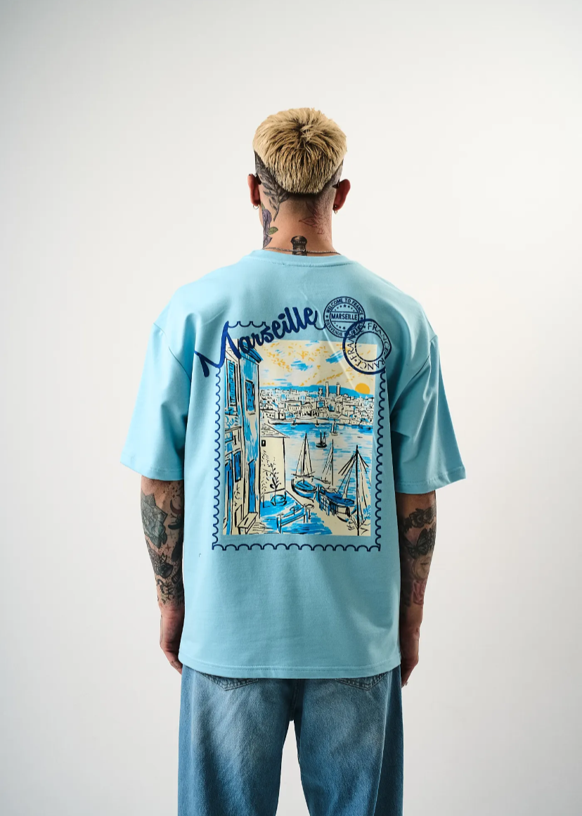 Tshirt oversize homme imprimé Marseille Bleu Ciel