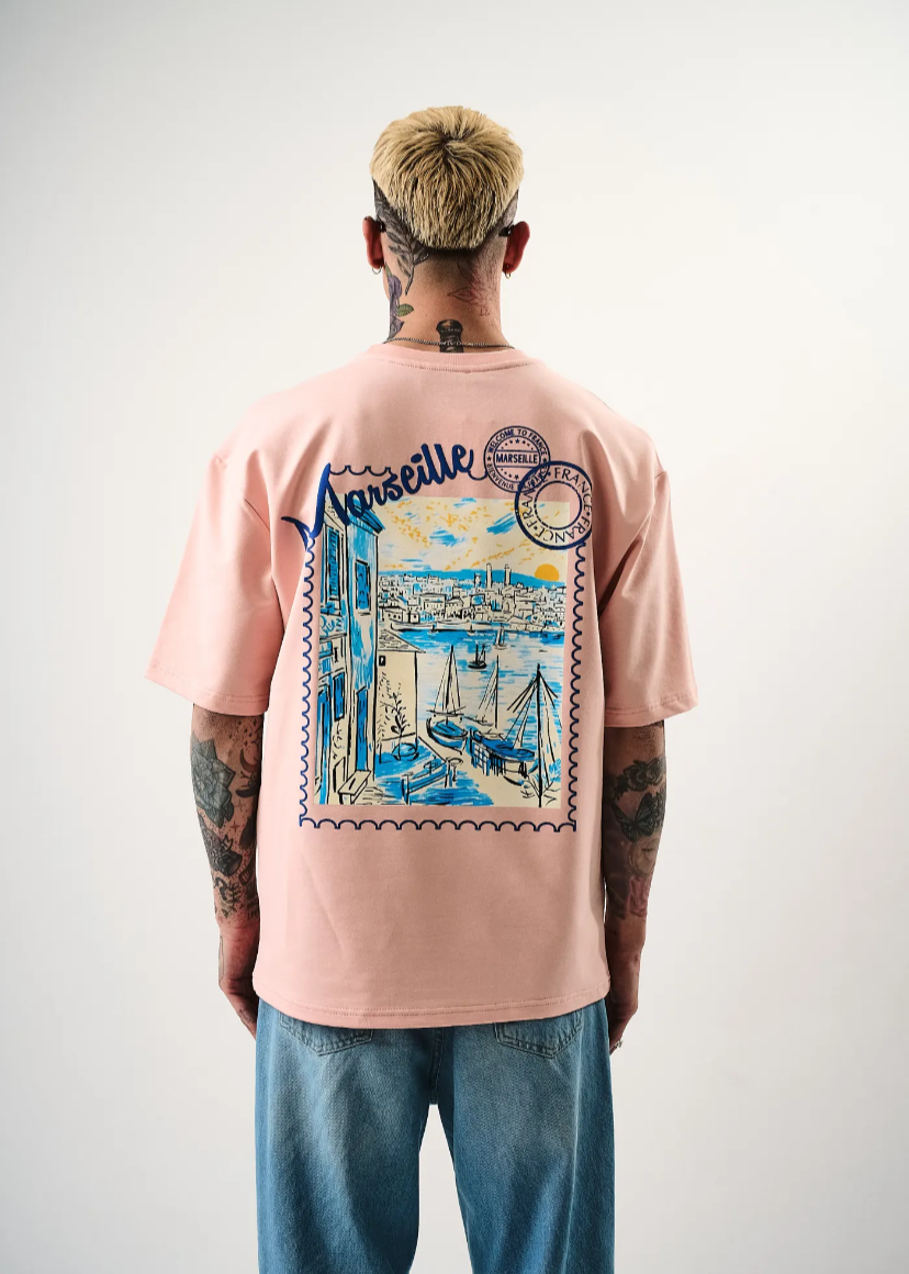 Tshirt oversize homme imprimé marseille rose
